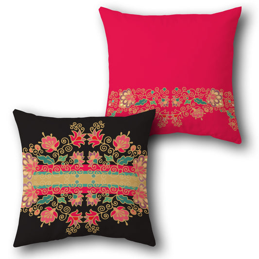 Black-Pink-Gold Ornate Floral Cushion (Front & Back)