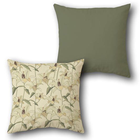 Lily Blossom Beige-Olive Cushion (Front & Back)