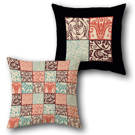 Ornate Patchwork  Coral- Teal Cushion  (Front & Back)