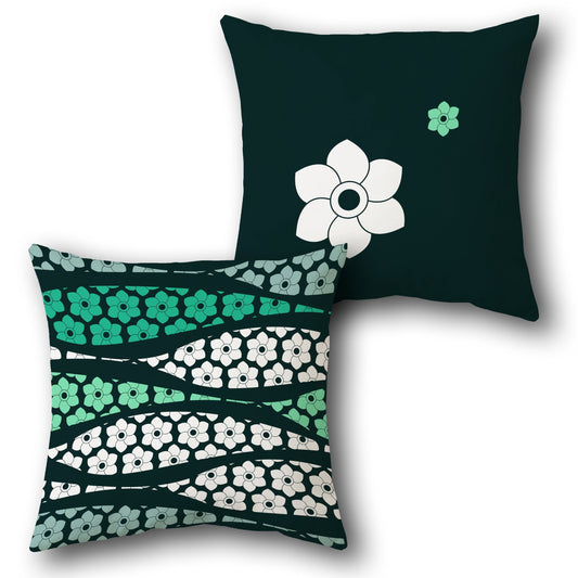 Floral Wave  Teal- Black Cushion  (Front & Back)